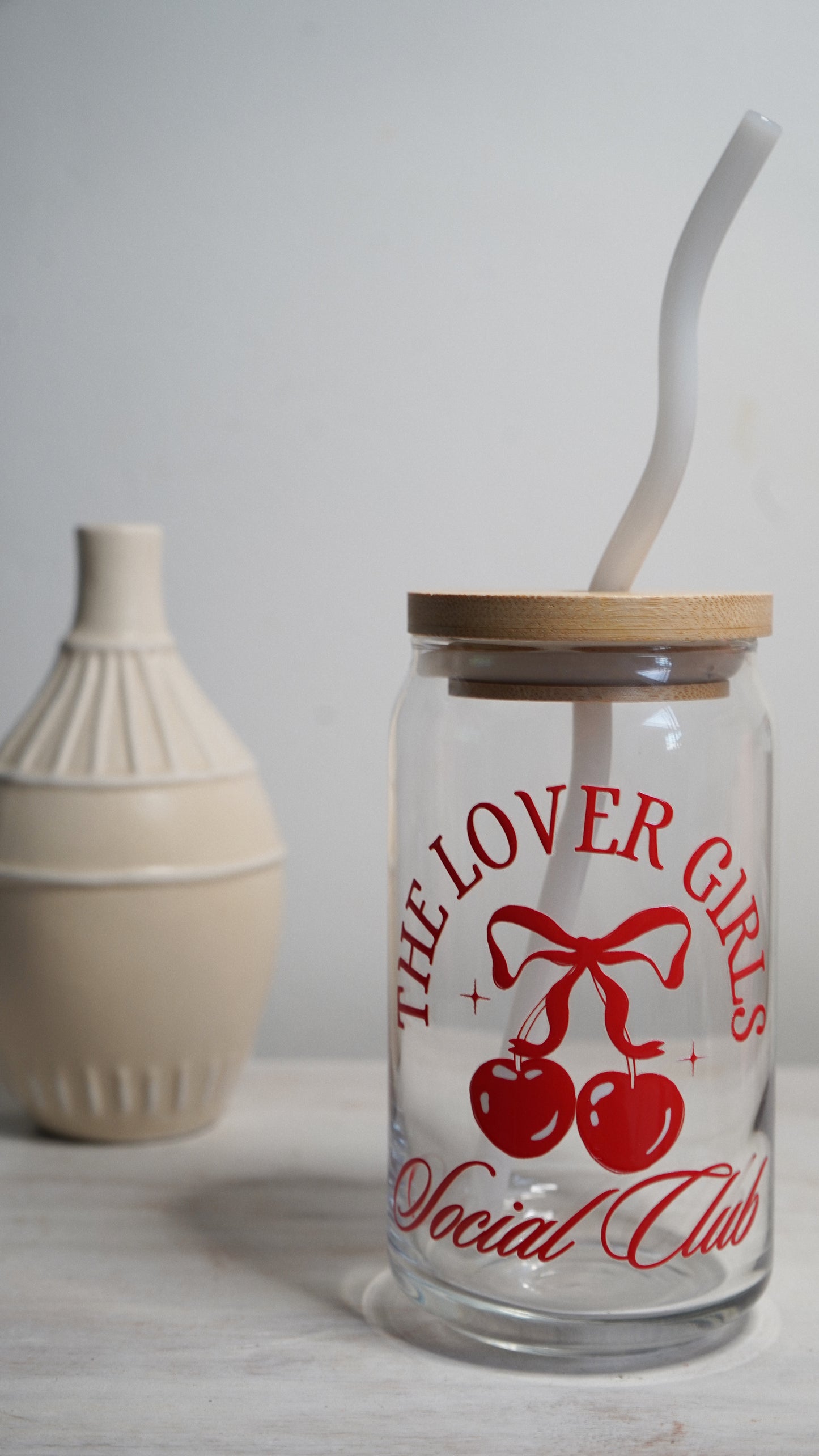 Valentine's Can Glass Cup W/ Bamboo Lid & Glass Straw