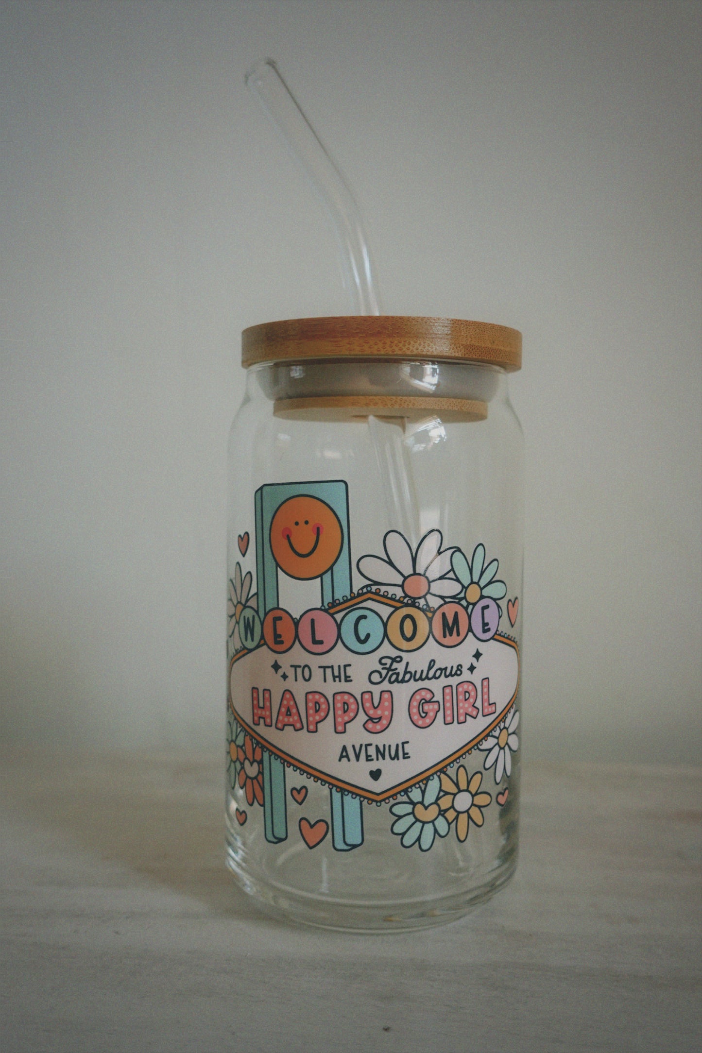 Can Glass Cup W/ Bamboo Lid & Glass Straw