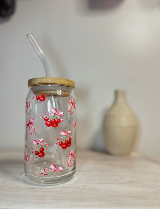 Mouse Cherry & Bows  Can Glass Cup W/ Bamboo Lid & Glass Straw