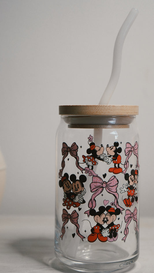 Valentine's Can Glass Cup W/ Bamboo Lid & Glass Straw